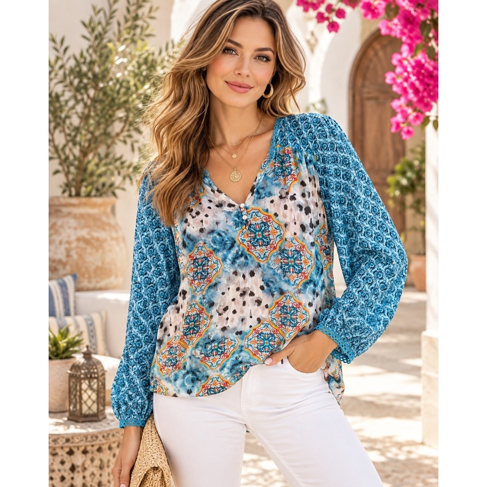 Tolani Collection Boho Medallion Print Tunic Blouse Large Balloon Sleeve Blue